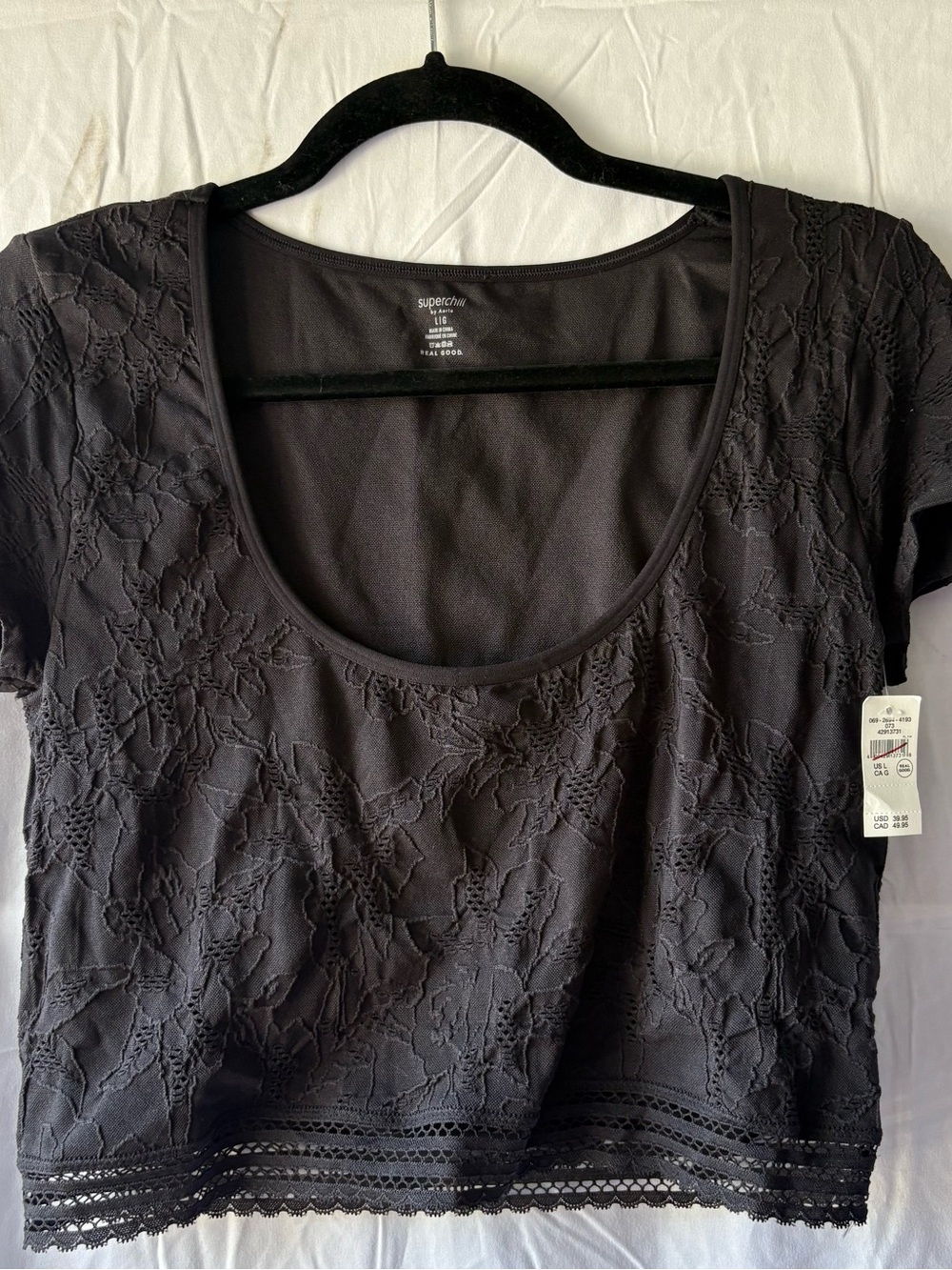 NWT Aerie Superchill Lace Crop Top Black Size L